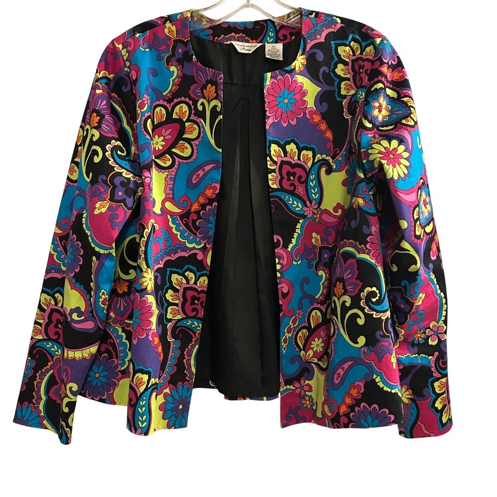 Laura Ashley Petite Blazer Jacket Multi Color Paisley Print Open Front Jacket PM